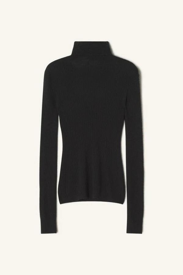 Front view of black turtleneck jumper on white background, with no model shown.