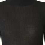 Front closeup view of black turtleneck jumper on model, against a white background.