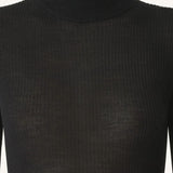 Front closeup view of black turtleneck jumper on model, against a white background.