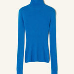Front closeup view of electric blue turtleneck jumper on  white background, with no model shown.