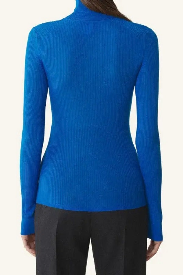 Back view of electric blue turtleneck jumper on model wearing grey pants, against a white background.