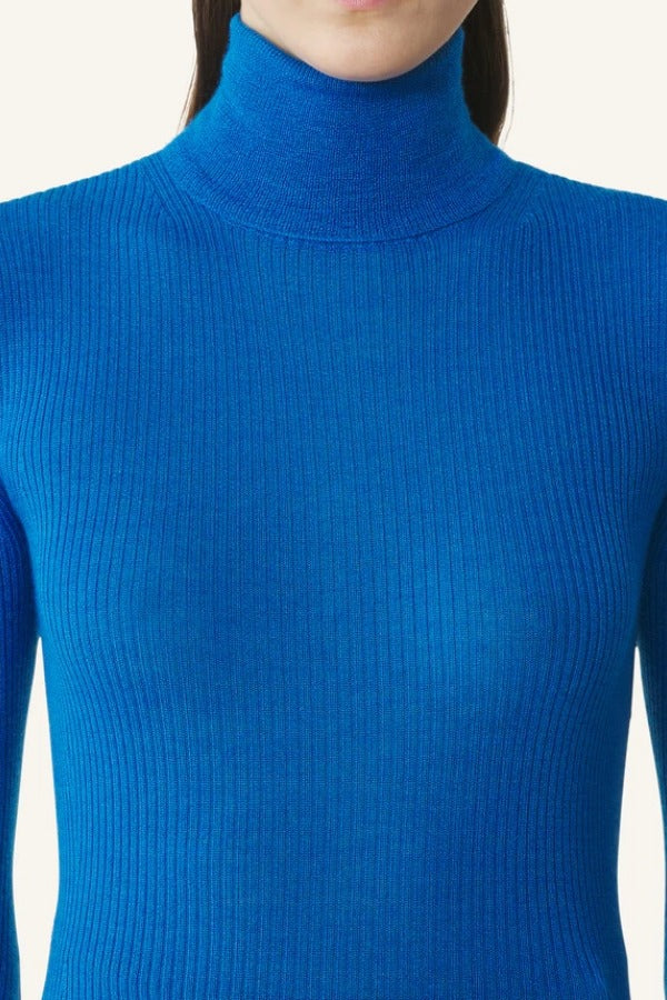 Front closeup view of electric blue turtleneck jumper on model, against a white background.