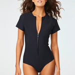 Front view of black farrah ss maillot on brown haired model, against white background.