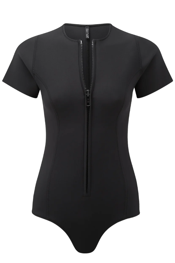 Front view of black farrah ss maillot on white background, with no model shown.