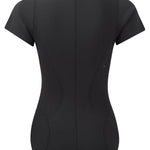 Back view of black farrah ss maillot on white background, with no model shown.