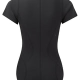 Back view of black farrah ss maillot on white background, with no model shown.