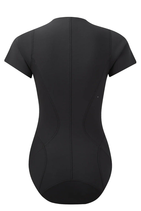 Back view of black farrah ss maillot on white background, with no model shown.