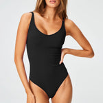 Front view of black Marilyn Maillot on brown-haired model, against a white background.