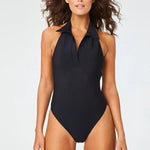 Front view of black polo maillot on brown-haired model, against a white background.