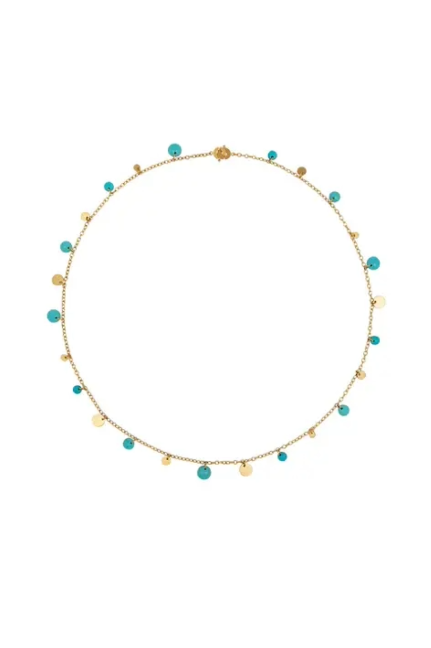 22K Yellow Gold 17" Extra Small Dangling Sequins and Turquoise Necklace