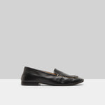 Right side view of black mandolo mocassino on white background, with no model shown