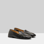 Pair view of black mandolo mocassino on white background, with no model shown.