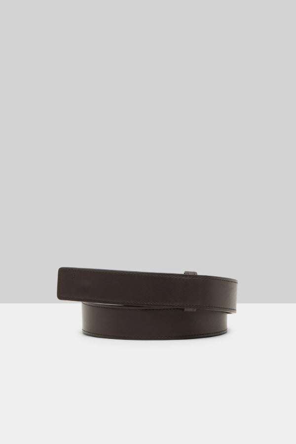 Front view of dark brown marsell men's saldo belt on white background, with no model shown.