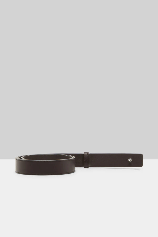 Back view of dark brown marsell men's saldo belt on white background, with no model shown.