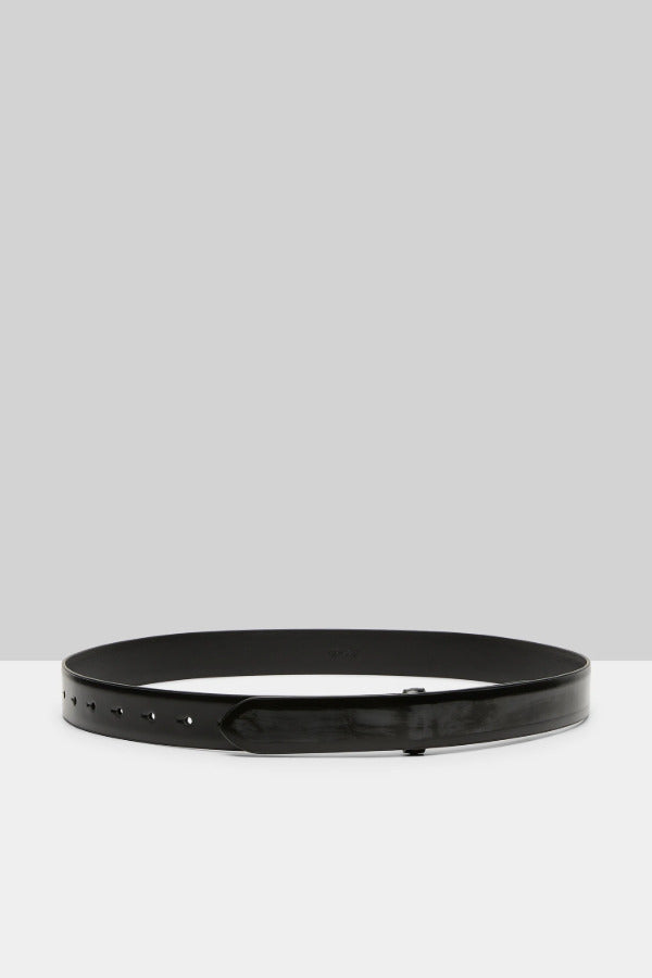 Open view of black marsell men's contorno belt on white background, with no model shown.