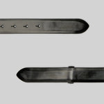 Closeup alternate view of black marsell men's contorno belt on white background, with no model shown.