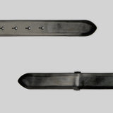 Closeup alternate view of black marsell men's contorno belt on white background, with no model shown.