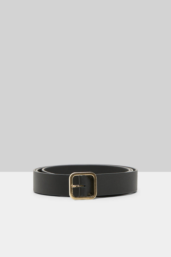 Front view of black marsell quadra belt on white background, with no model shown.