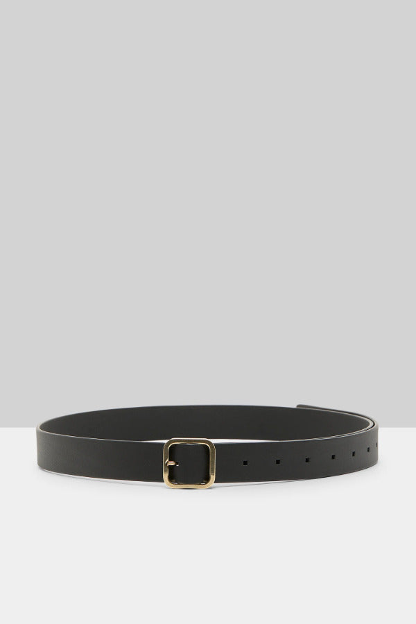 Open view of black marsell quadra belt on white background with no model shown.