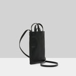 Side view of black marsell sportina porta cellulare on white background, with no model shown