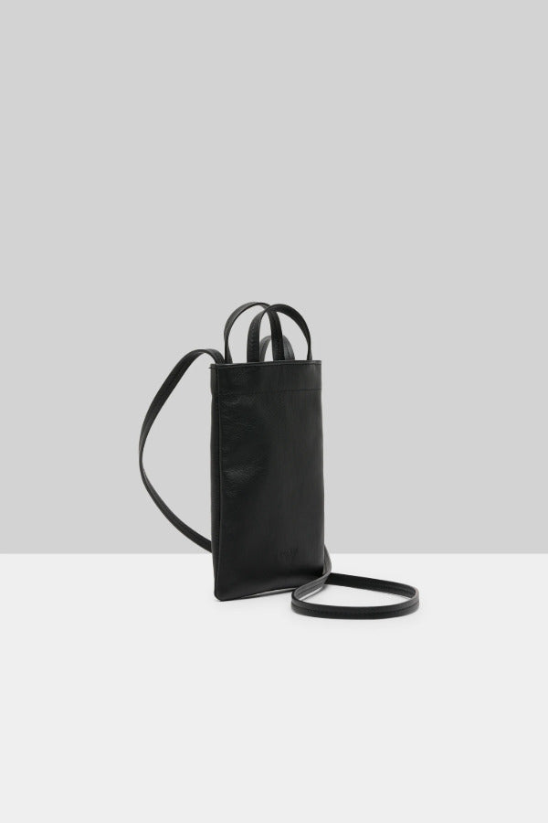 Side view of black marsell sportina porta cellulare on white background, with no model shown