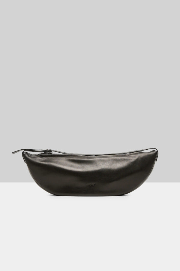 Front view of black marsell volta shoulder bag on white background, with no model shown.