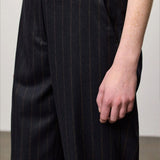 Front closeup view of blu lamna trouser on model wearing brown top, against a white background.