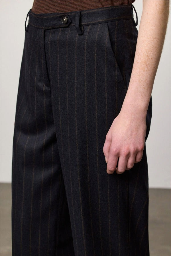 Front closeup view of blu lamna trouser on model wearing brown top, against a white background.