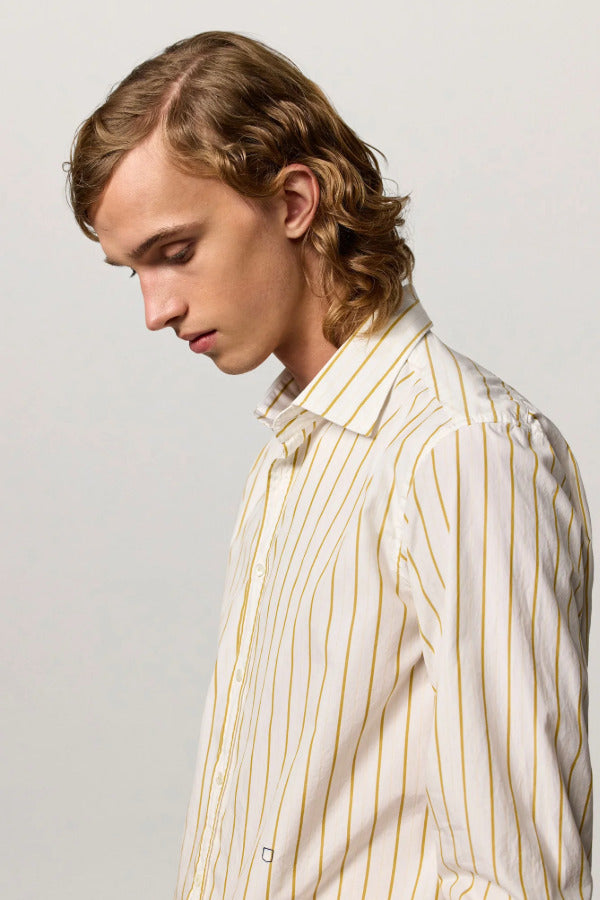 Front closeup view of saffron genova shirt on model, against a white background.