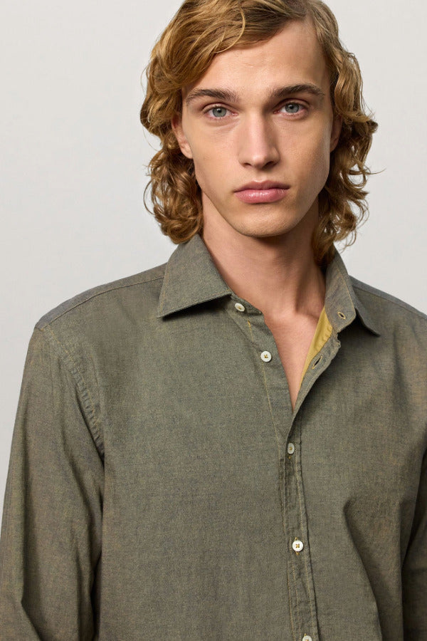 Front closeup view of verde genova classic shirt on model, against a white background.