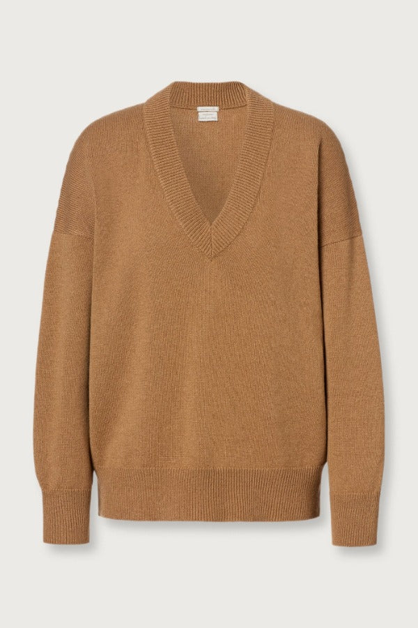 Front view of cannella valentina v-neck sweater on white background, with no model shown.