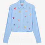 Front view of blue/white button embroidered Cropped Shirt on white background, with no model shown.