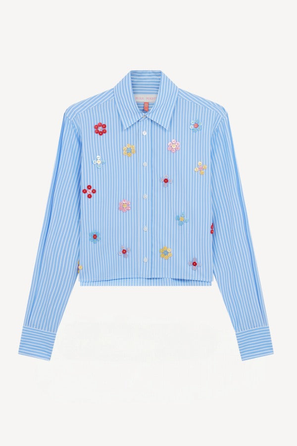 Front view of blue/white button embroidered Cropped Shirt on white background, with no model shown.