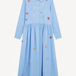 Front view of blue and white button embroidered ls shirt dress on white background, with no model shown.