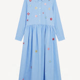 Front view of blue and white button embroidered ls shirt dress on white background, with no model shown.