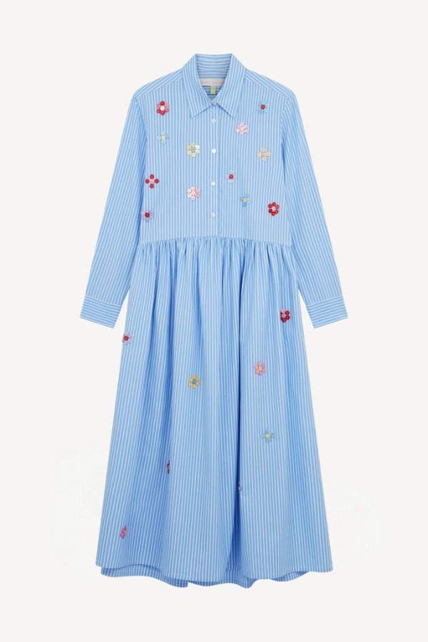 Front view of blue and white button embroidered ls shirt dress on white background, with no model shown.