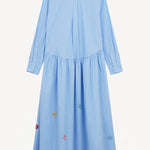 Back view of blue and white button embroidered ls shirt dress on white background, with no model shown.