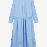Back view of blue and white button embroidered ls shirt dress on white background, with no model shown.
