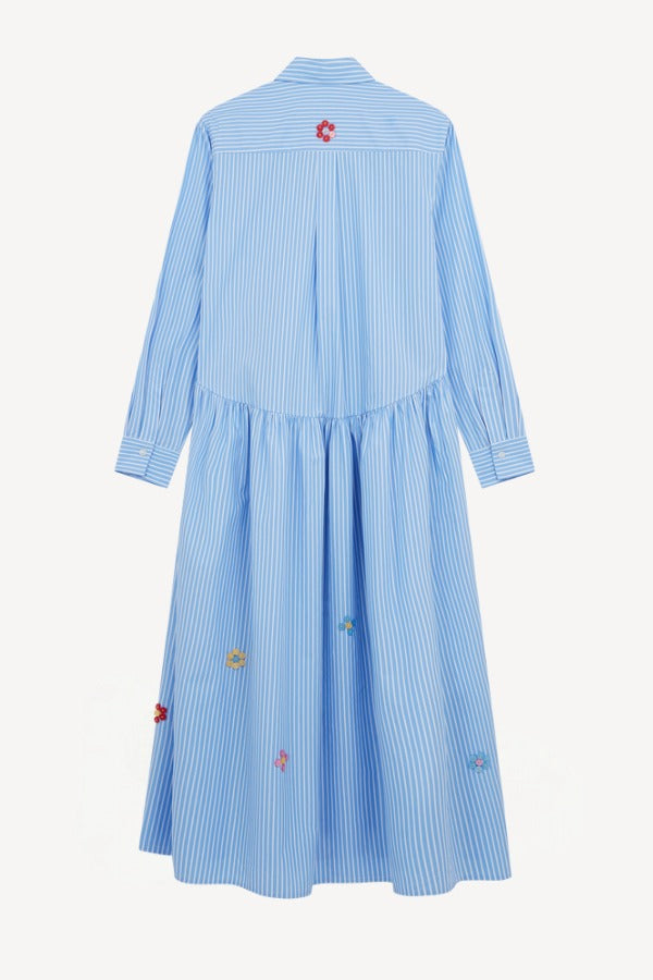 Back view of blue and white button embroidered ls shirt dress on white background, with no model shown.