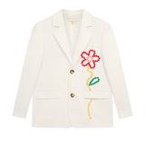 Front view of off white button embroidered sb jacket on white background, with no. model shown.