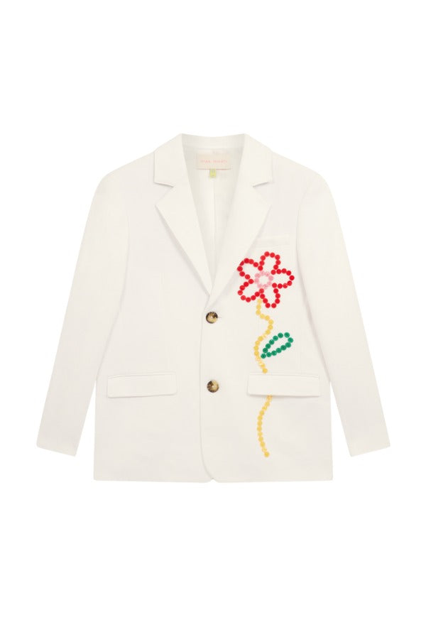 Front view of off white button embroidered sb jacket on white background, with no. model shown.