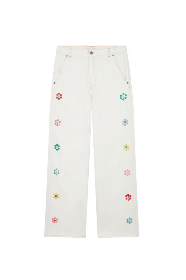 Front view of white straight leg jean on white background, with no model shown.
