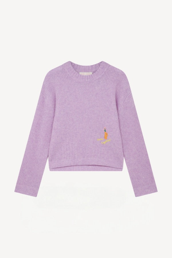 Front view of lilac embroidered sweater on white background, with no model shown.