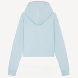 Back view of pale blue embroidered heart hoodie on white background, with no model shown.
