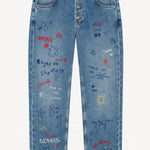 Front view of denim embroidered scribble jean on white background, with no model shown.