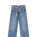Front view of mid blue embroidered straight leg jean on white background, with no model shown.