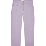 Front view of lilac garment dyed jeans on white background, with no model shown.