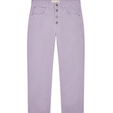 Front view of lilac garment dyed jeans on white background, with no model shown.
