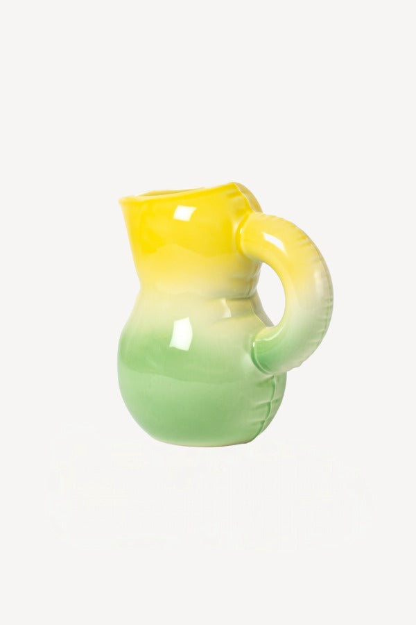 Back view of yellow hand sprayed ombre jug on white background, with no model shown.