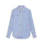 Front view of blue/white heart embroidered classic shirt on white background, with no model shown.